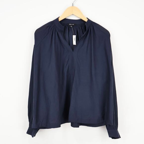NWT Madewell Shirred Long-Sleeve Flowy V-Neck Top Ink Navy Blue Size Small - Picture 3 of 10